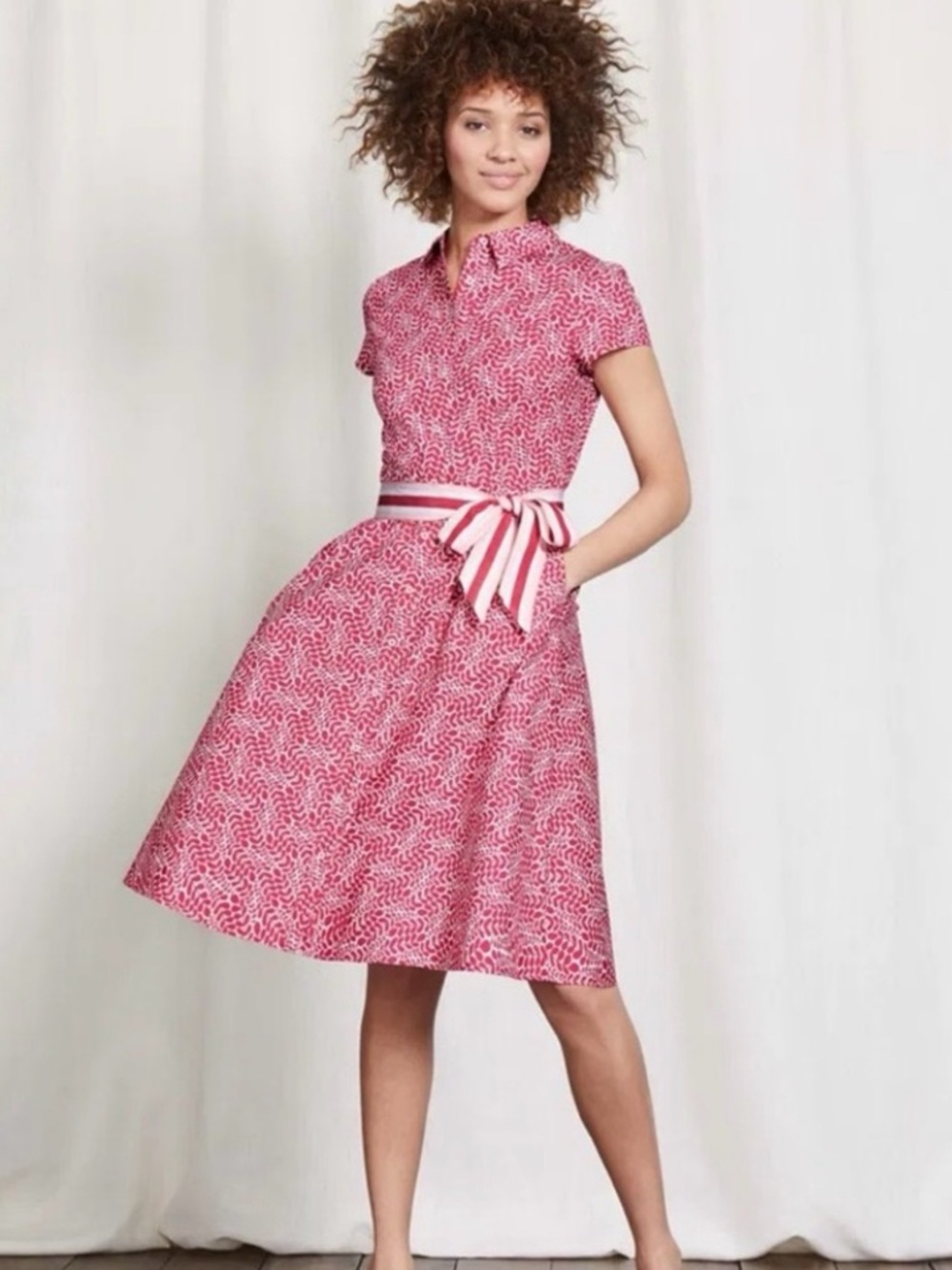 Boden Red Pink Flamingo Bird Sophia Shirt Dress Retro Fit and Flare Poplin - Picture 7 of 7